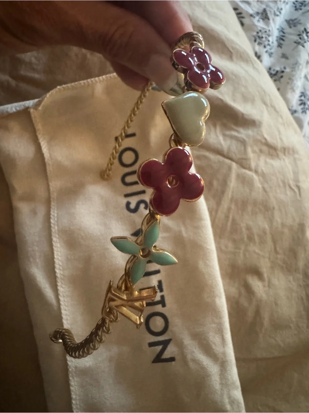 Louis Vuitton Gold-Tone Headband with Red Flower and Mint Heart Charms